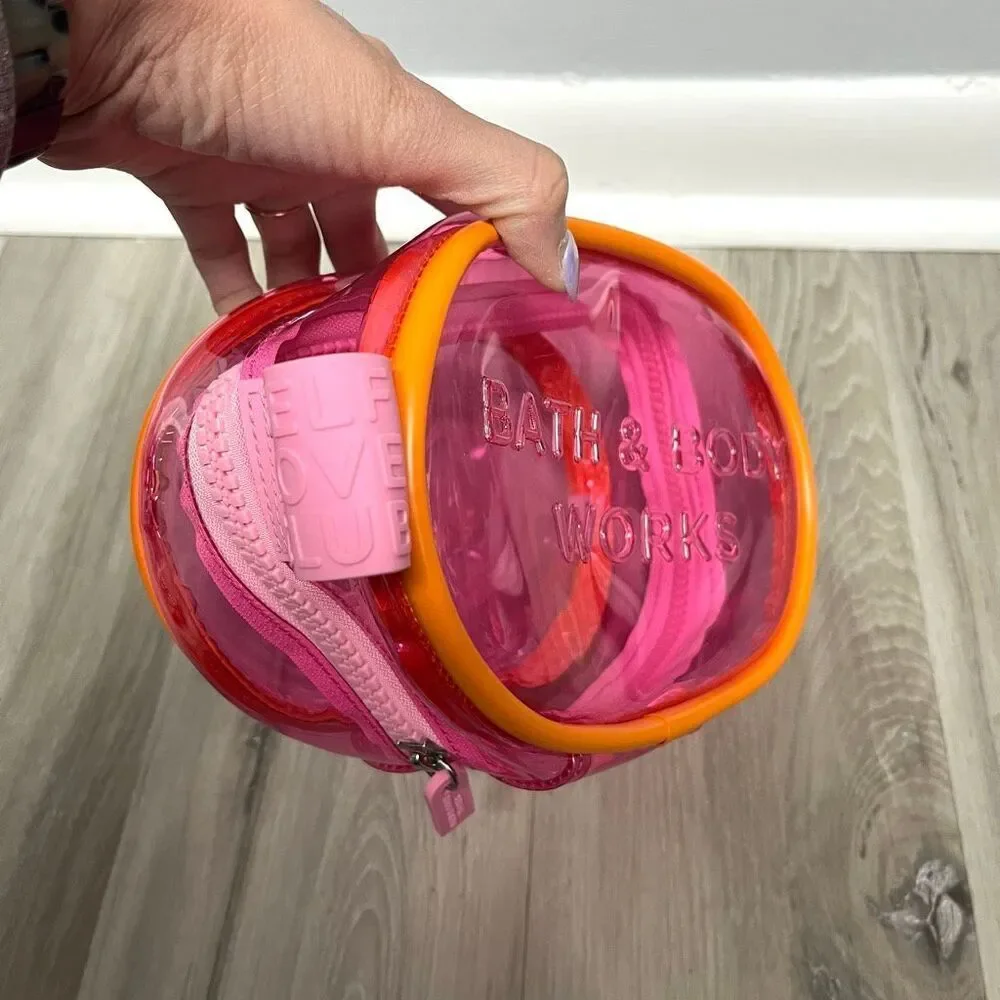 Bath &‎ Body Works Transparent Pink & Orange Zip Around Cosmetic Makeup Bag